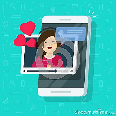 Video call with girlfriend on mobile phone vector illustration, flat smartphone video chat with lovely happy smiling Vector Illustration