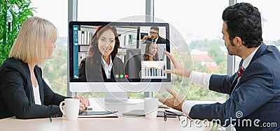 Video call group business people meeting on virtual workplace or remote office Stock Photo