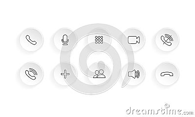 Video call icon set. Communication symbol. Phone, sound, microphone, camera, call symbols. Vector Illustration