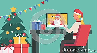 Online Christmas concept, woman video calling to say hi Santa Claus on a computer at home Vector Illustration