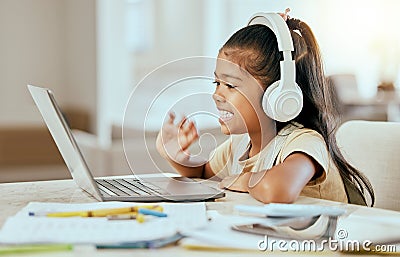 Video call, online education and child with laptop, headphones and home table for e learning virtual class. Hello, zoom Stock Photo