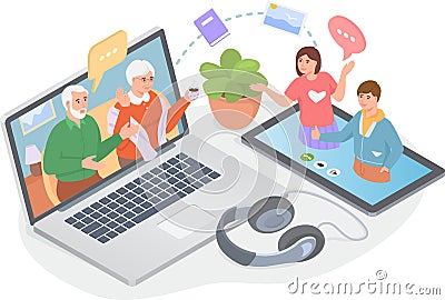 Video call with parents. Online family chat. People talking with their elderly parents via computer Vector Illustration