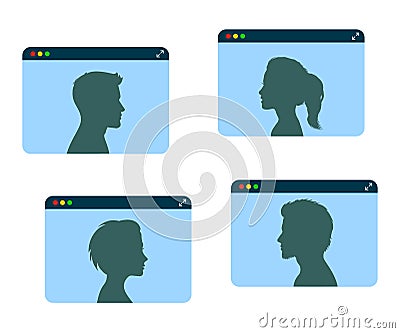 Video call web conference, social distancing, online webinar communication, group of people talking by internet, web chatting. Vector Illustration