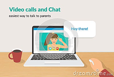 Video calls and chat concept flat vector illustration of happy girl talking to her parent Vector Illustration