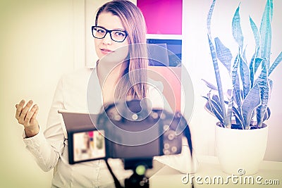 Video camera blog recording. Vlog blogger woman. Stock Photo