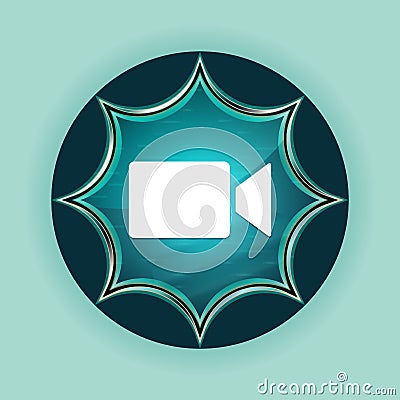 Video camera icon magical glassy sunburst blue button sky blue background Stock Photo
