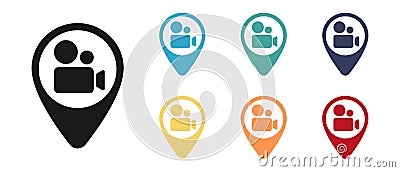 Video camera icon. Map label. Interface element to illustrate mobile concepts and web applications. Thin glyph icon for website Stock Photo