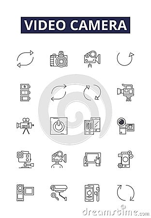 Video camera line vector icons and signs. Videocorder, VCR, Monitor, Film, Lens, Viewfinder, Tripod, Record outline Vector Illustration