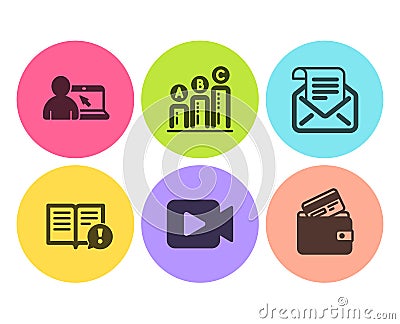 Video camera, Mail newsletter and Facts icons set. Graph chart, Online education and Debit card signs. Vector Vector Illustration