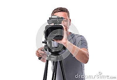 Video camera operator isolated on a white background. Stock Photo