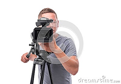 Video camera operator isolated on a white background. Stock Photo