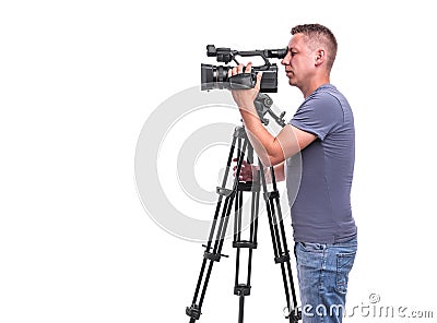 Video camera operator isolated on a white background. Stock Photo