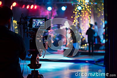 Video camera operator working with his equipment at indoor event, cameraman is filming an entertainment show Stock Photo