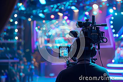 Video camera operator working with his equipment at indoor event, cameraman is filming an entertainment show Stock Photo