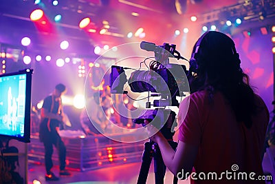 Video camera operator working with his equipment at indoor event, cameraman is filming an entertainment show Stock Photo