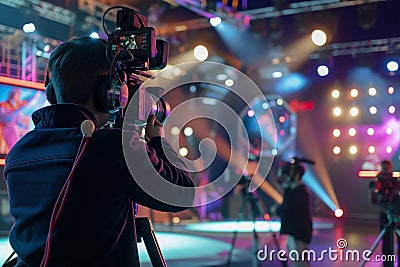 Video camera operator working with his equipment at indoor event, cameraman is filming an entertainment show Stock Photo