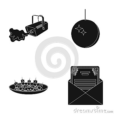 A video camera with smoke, a twirling holiday ball, a plate of sandwiches, an envelope with a greeting card. Event Vector Illustration