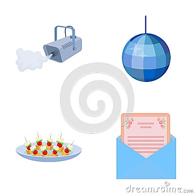 A video camera with smoke, a twirling holiday ball, a plate of sandwiches, an envelope with a greeting card. Event Vector Illustration