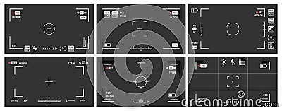 Video camera viewfinders. Recording view frame, cinema rec viewing screen and dslr cam viewfinder vector set Vector Illustration