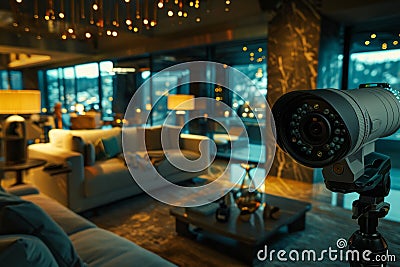 Video cameras manage intelligent streaming services with security technology, integrating secure streaming devices at home. Cartoon Illustration