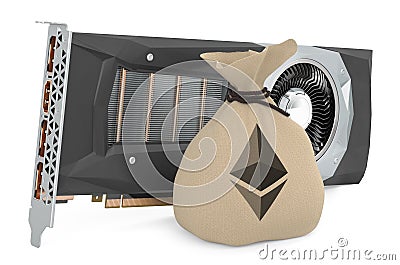 Video card GPU with ethereum bag, mining concept. 3D rendering Editorial Stock Photo