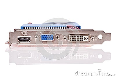 Video card with HDMI, VGA and DVI connectors Stock Photo