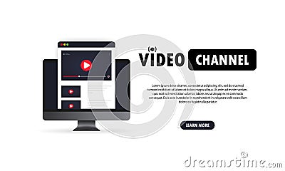 Video channel illustration. Watching vlog, webinars, lecture, lesson or training online on computer. Vector on isolated white Vector Illustration