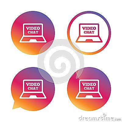 Video chat laptop sign icon. Web communication. Vector Illustration