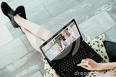 video chat online education female student laptop Stock Photo