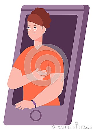 Video chat. Woman looking from phone display. Online communication Vector Illustration