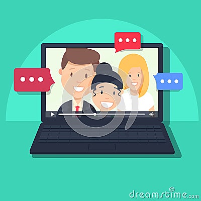 Video chatting online on computer vector illustration, flat cartoon video player window with speaking girls and boy Vector Illustration