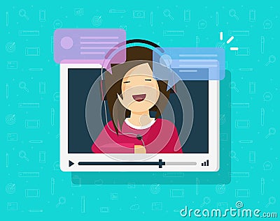 Video chatting online vector illustration, flat cartoon video player window with speaking happy girl and bubble speeches Vector Illustration