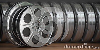 Video, cinema, movie, multimedia concept. A row of vintage film reel or film spools with filmstrip Cartoon Illustration