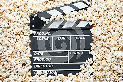 video clapper for shooting a movie on a background of popcorn cl Stock Photo