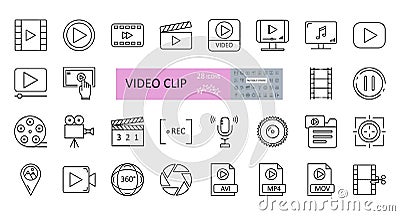 Video clip set of 28 icons with editable stroke. Vector illustration of sound recording, play, watching videos, listening to music Vector Illustration