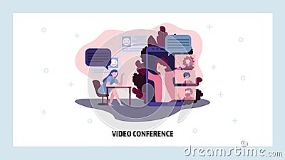 Video conference and business meeting call. People talk on mobile phone with colleague. Online team meeting. Vector web Vector Illustration