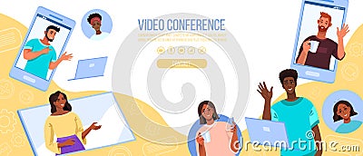 Video conference and call banner with multi-national people, smartphones, laptops screens. Vector Illustration