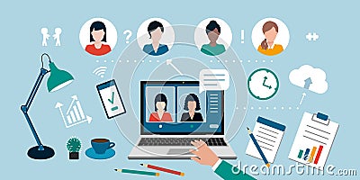Video conference call, distance learning, remote work and business communications concept vector illustration Stock Photo