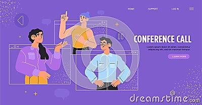 Video or conference call, working from home, freelance, business discussion concept. People on computer screens Vector Illustration