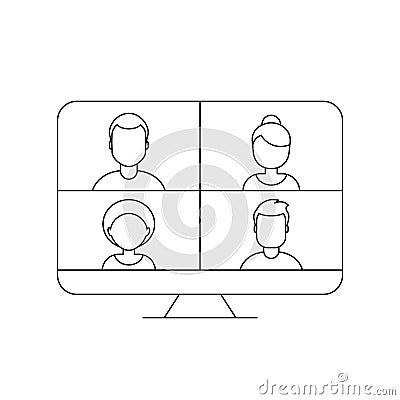 Video conference concept. Four people on desktop computer screen. Video call. Vector Illustration