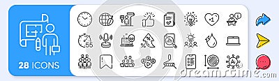 Video conference, Cyber attack and Handout line icons. For web app, printing. App line icons. Vector Vector Illustration