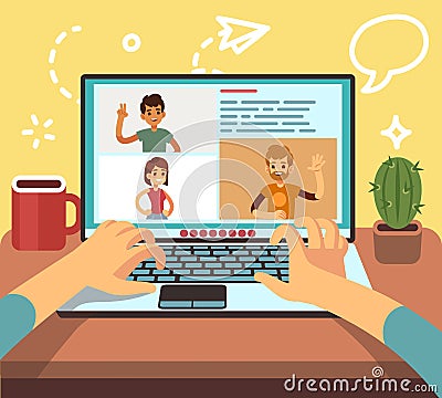 Video conference. Friends call online, family chatting. Business corporate remote work, freelancers live stream Vector Illustration