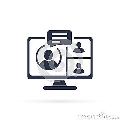 Video conference icon. People on computer screen. Home office in quarantine times. Digital communication. Teaching media Vector Illustration