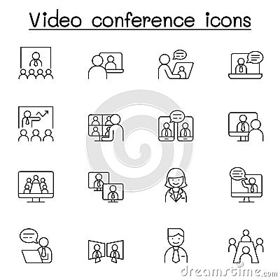 Video conference icons set in thin line style Vector Illustration