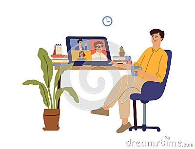 Video conference. Internet learning, computer virtual meeting with friends. Business call, online communication or Vector Illustration