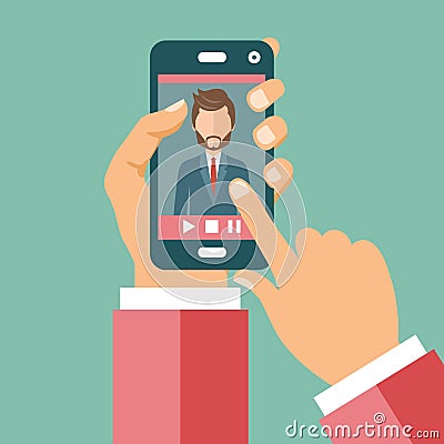 Video conference on line call concept. Hands holding smart ph Vector Illustration