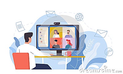 Video conference. Man at desk provides collective virtual meeting using computer, online chat remote work with video Vector Illustration