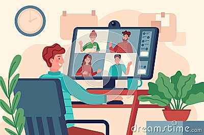 Video conference. Men at monitor holds collective virtual meeting, remote work online chat, teleconference on screen Vector Illustration