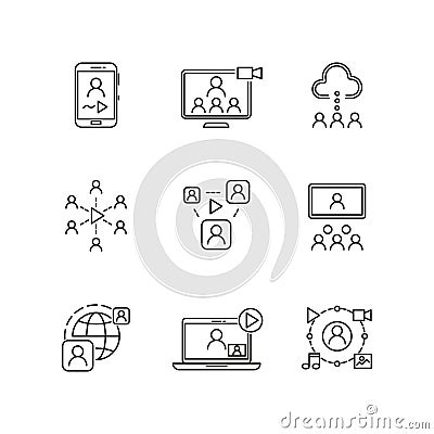 Video conference and online communication vector line icons Vector Illustration