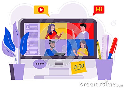 Video conference People on computer vector illustration concept Cartoon Illustration